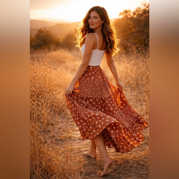 Altar'd State Dresses & Skirts - ✨ Alter’d State Rust Floral Tiered Midi Skirt – XL